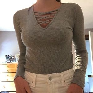 Strappy Neckline Gray Long Sleeve